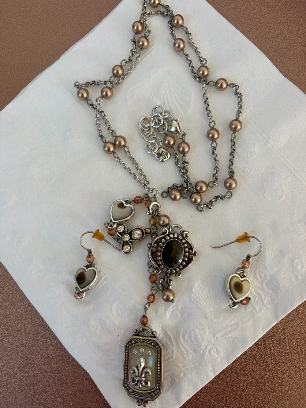 Brighton Taupe Pearl Heart & Fleur Drop Necklace with Earrings